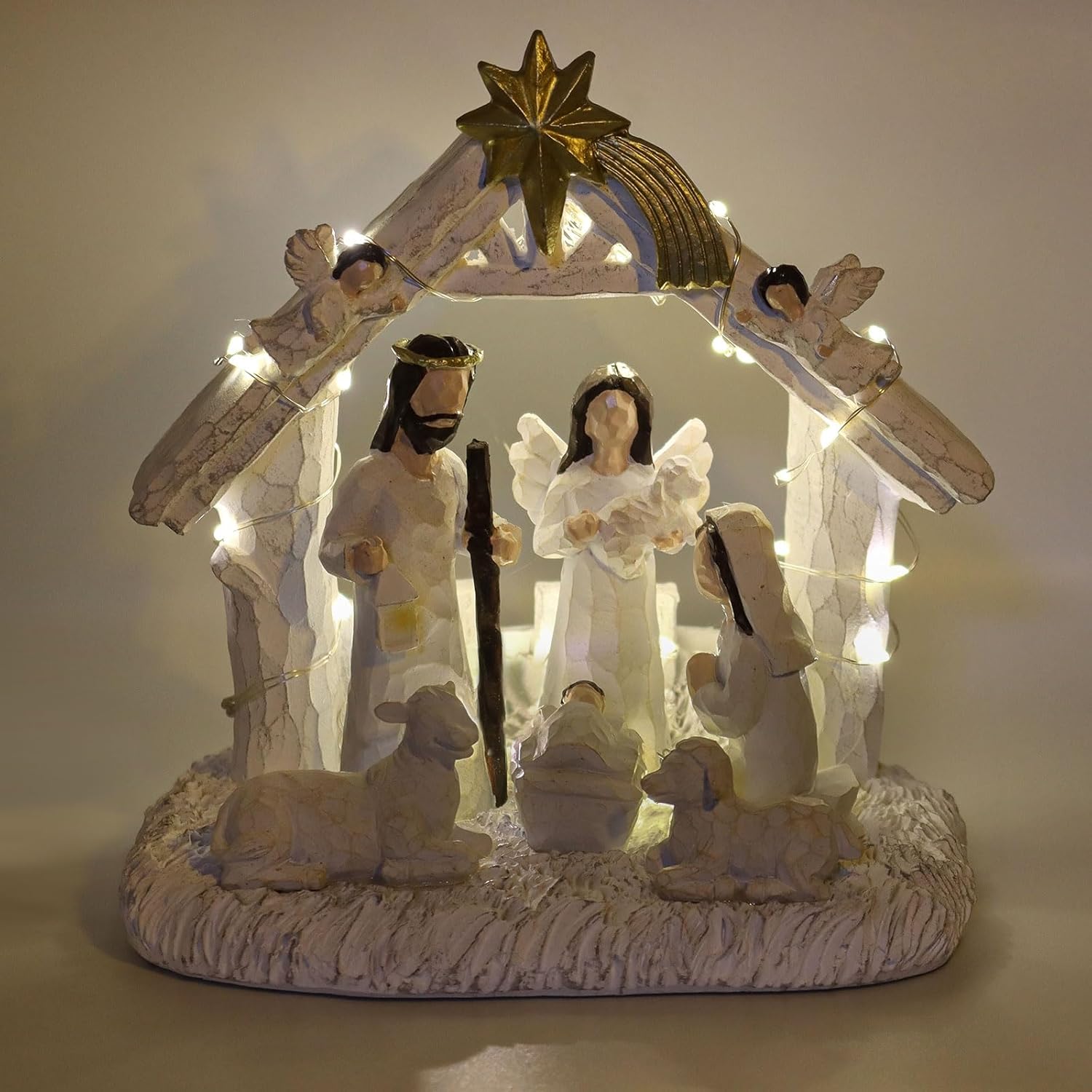Juego de Belén para interiores, juego de Belén con tira de luces LED, Belén interior con pesebre, juegos y figuras de Belén, decoraciones para