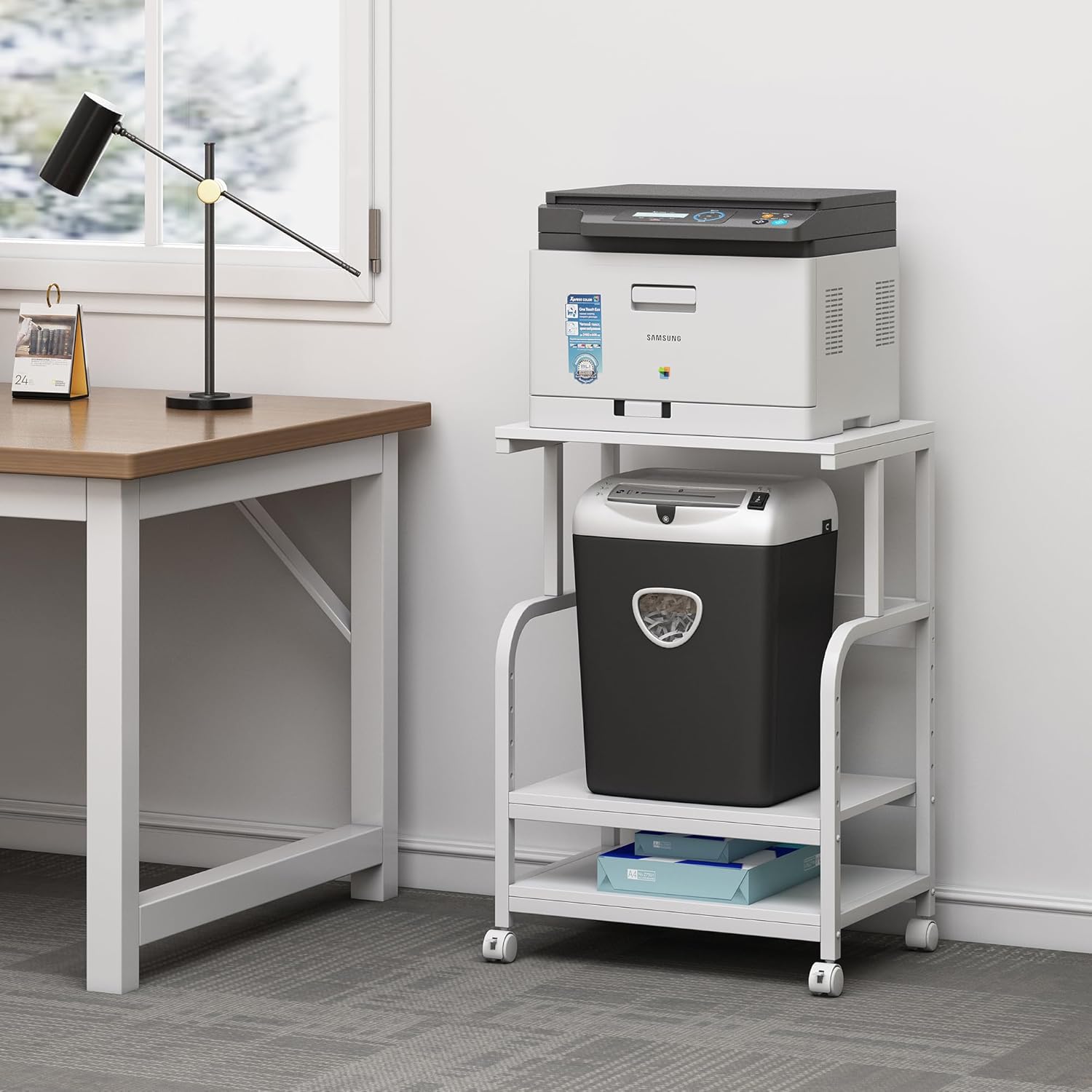 Soporte blanco para impresora, mesa de impresora de 3 estantes con ruedas, carrito de impresora rodante para oficina en casa, organización y