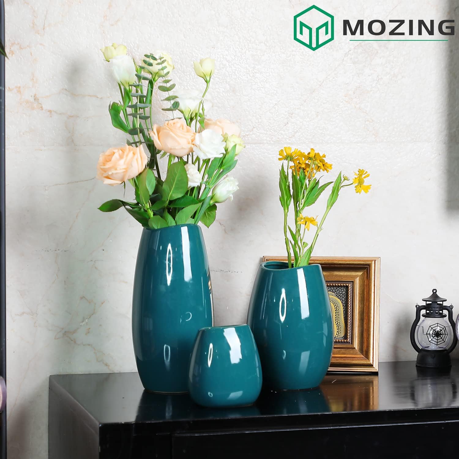 Mozing Juego de jarrones de flores verdes, moderno jarrón de cerámica para decoración del hogar, jarrones altos decorativos para flores, estante,