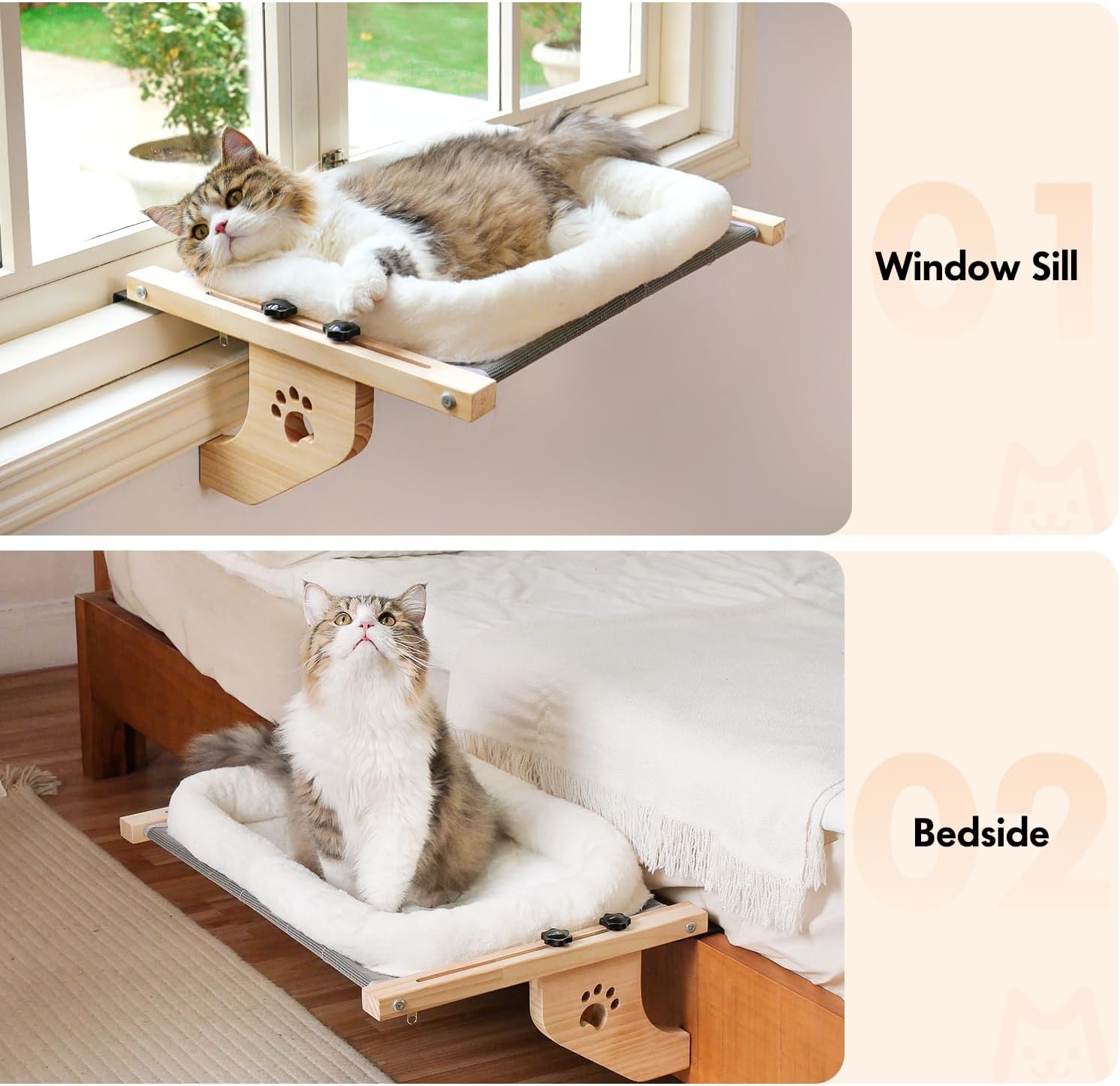 AMOSIJOY Asiento de hamaca resistente para gatos con funda de cama acolchada, marco de madera y metal para gatos grandes, fácil de ajustar alféizar