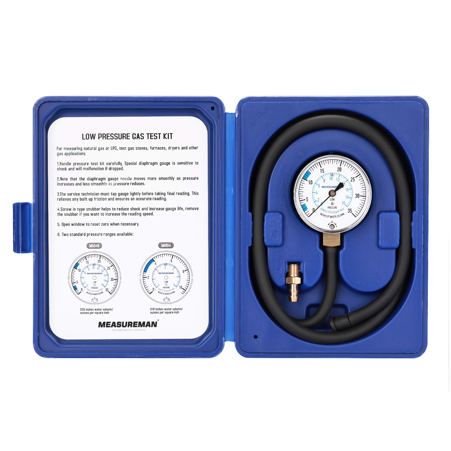 MEASUREMAN Kit de prueba de presión de colector de gas natural o gas LP, 0-35 “W.C., 14″ NPT, manguera de 40” de longitud