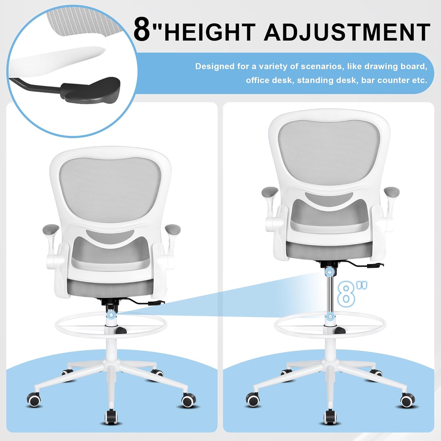 Misolant Silla de dibujo, silla de oficina alta para escritorio de pie, silla de oficina alta con altura ajustable y reposapiés, silla de dibujo de