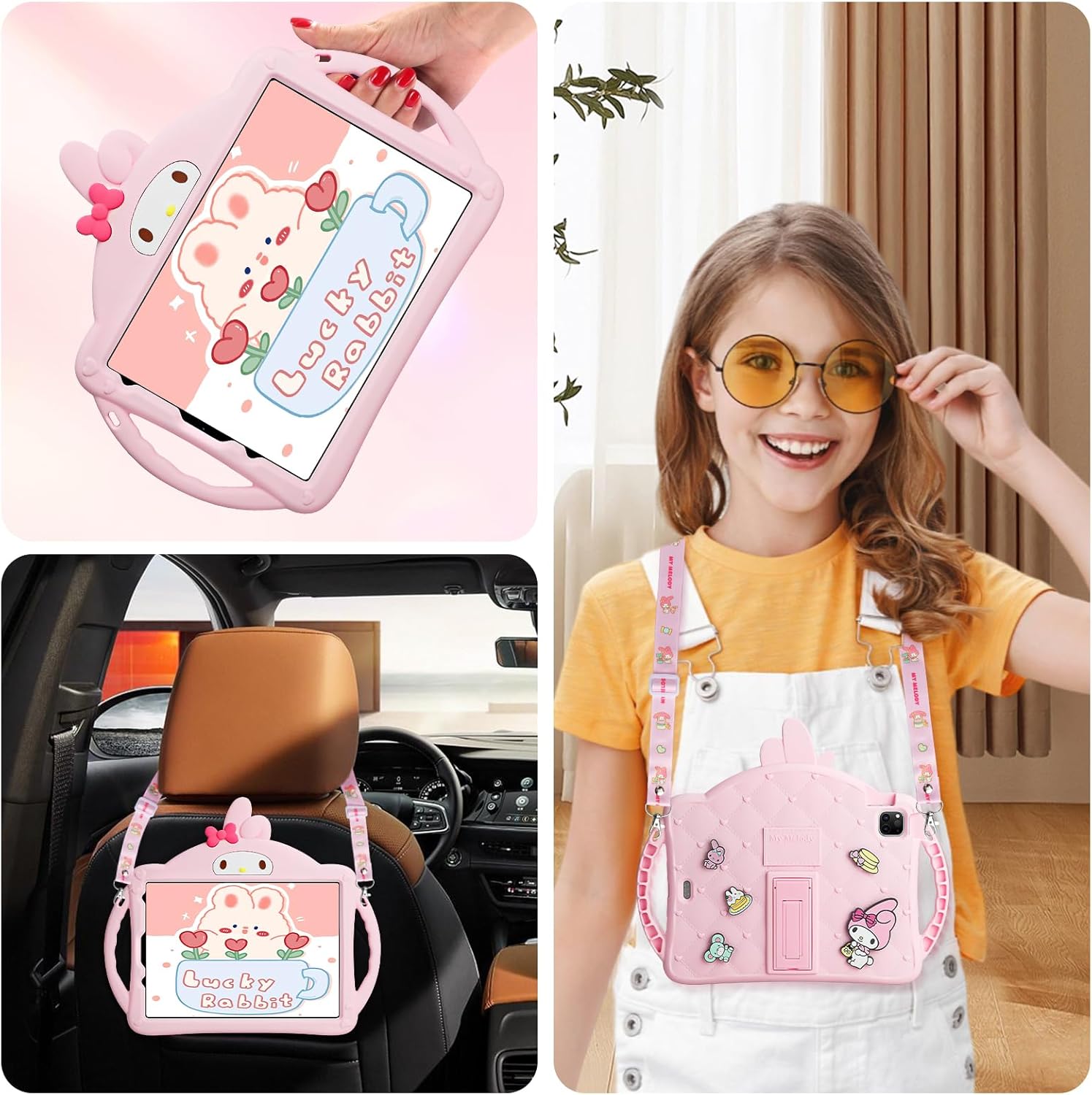 JAKPAK Funda para iPad Air de 5 generación para niños, iPad Pro de 11 pulgadas con protector de pantalla y correa de hombro para niñas, funda de