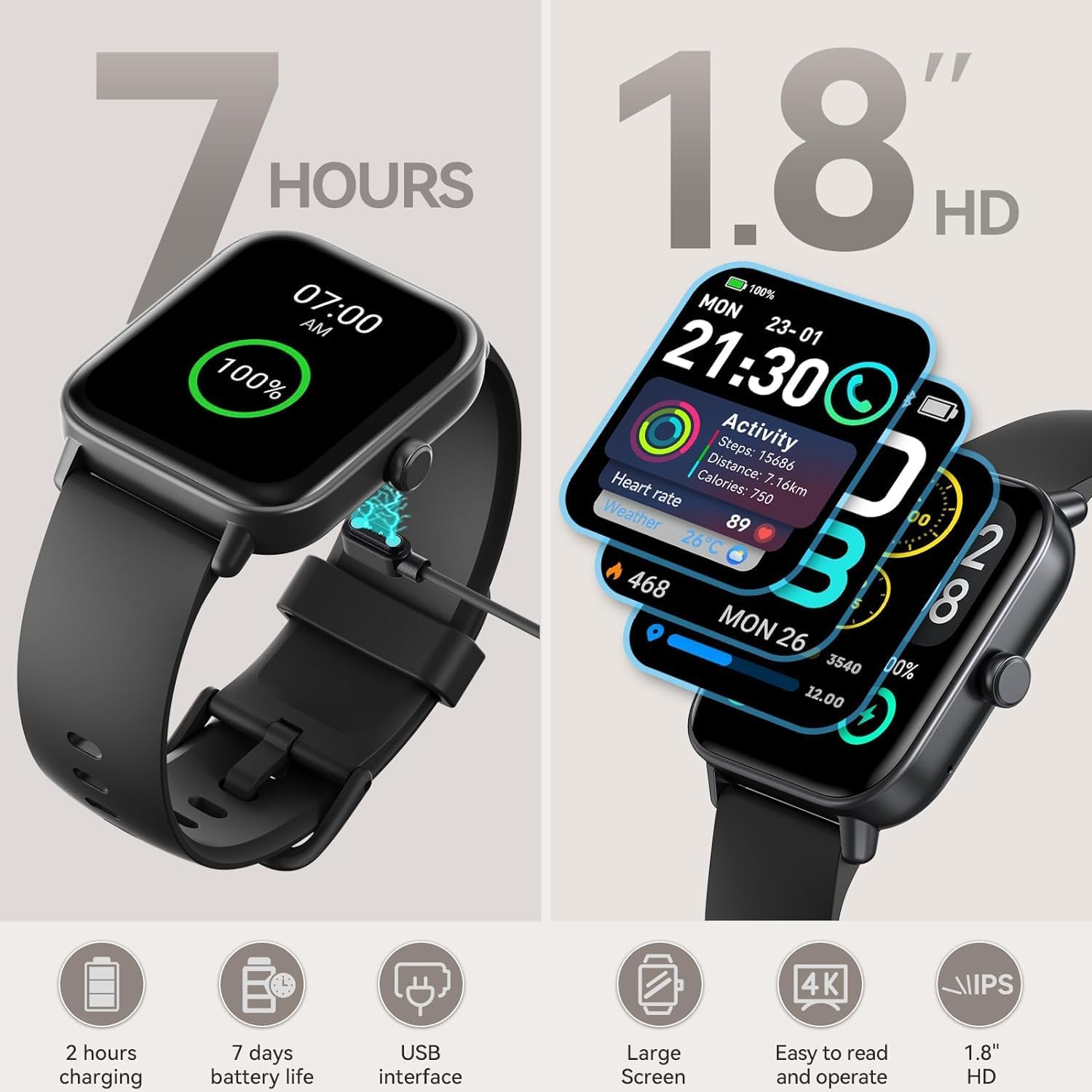 aeac Reloj inteligente para Android e iOS, reloj de fitness de 1.8 pulgadas con Alexa, llamadas Bluetooth, monitor de frecuencia cardíacasueño,