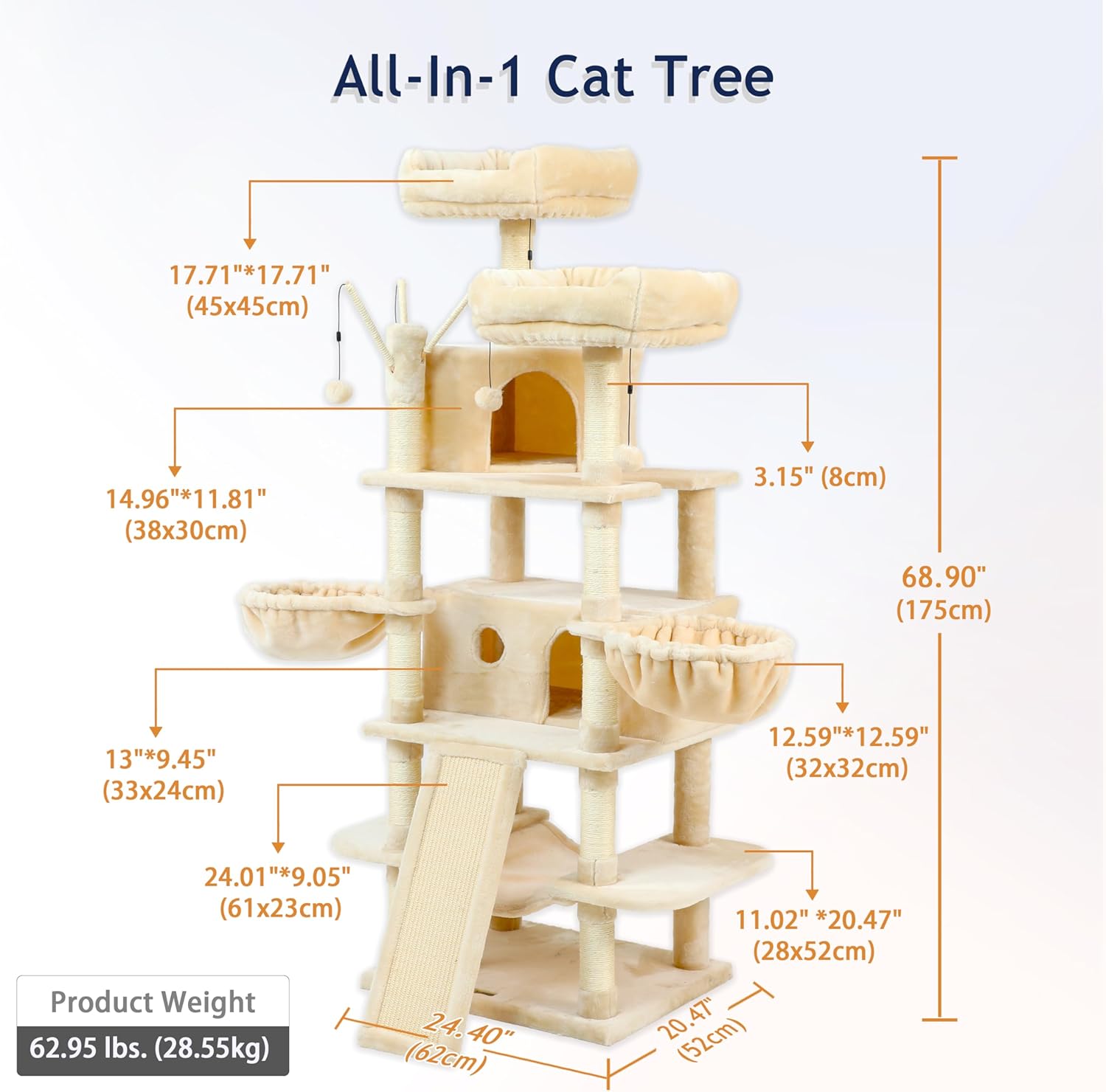 KZLAA Árbol grande para gatos de 69 pulgadas de alto, torre resistente para gatos de varios niveles, soporte de escalada para gatos de interior con