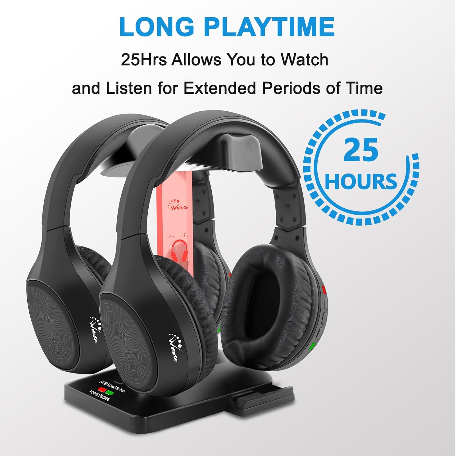 WallarGe Auriculares inalámbricos duales para ver televisión con base de carga de transmisor RF de 5.8 GHz, auriculares inalámbricos para 25 horas