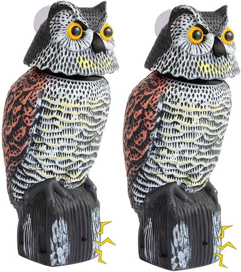 Paquete de 2 estatuas de búho falso con cabeza móvil y sonido búhos de jardín para asustar a los pájaros, búho de plástico para jardín al aire libre