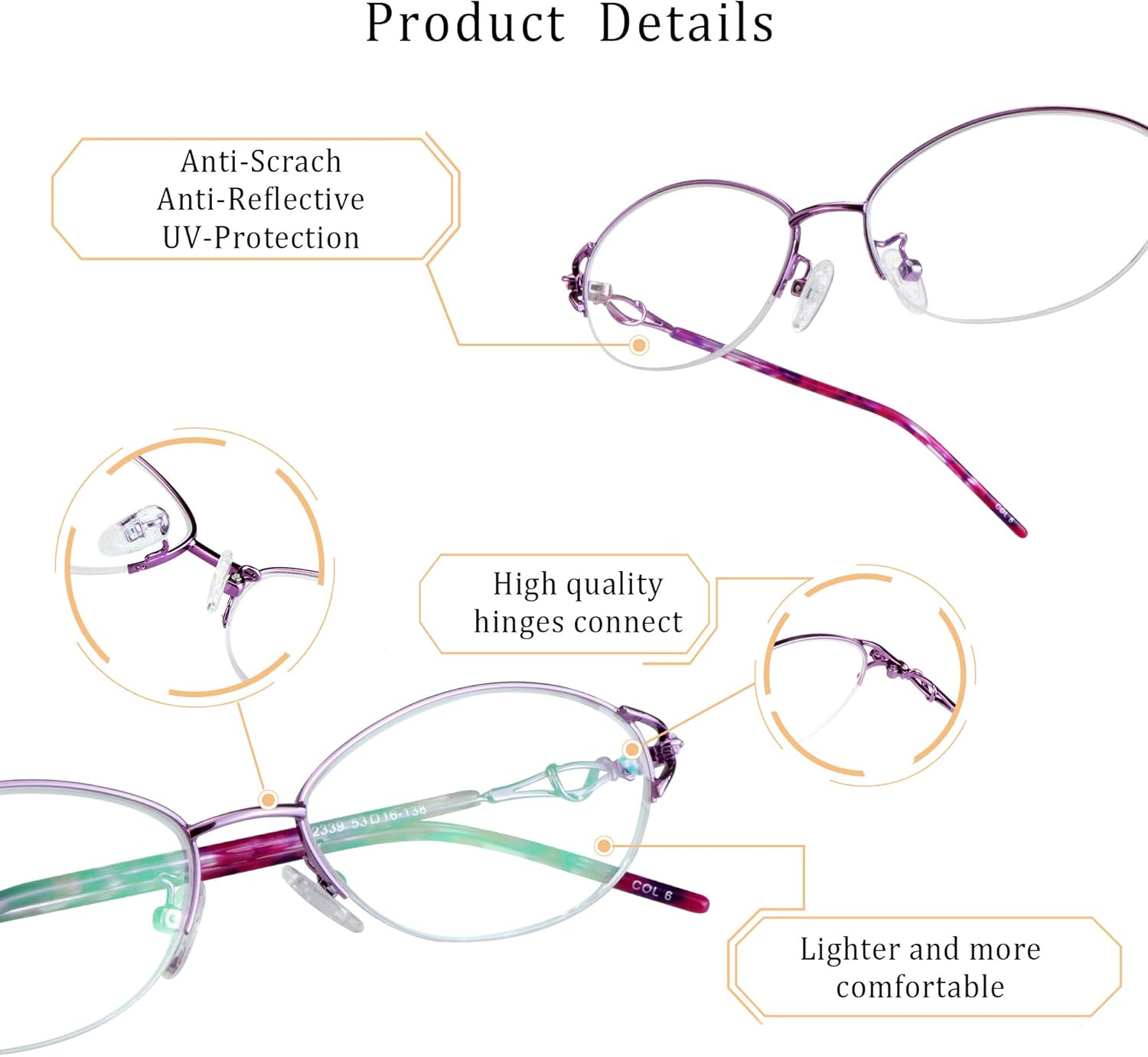 LifeArt Alloy Semi-Rimless Reading Glasses,Blue Light Blocking Glasses, Anti Eyestrain, Computer Gaming Glasses, TV Glasses for Women Men, Anti