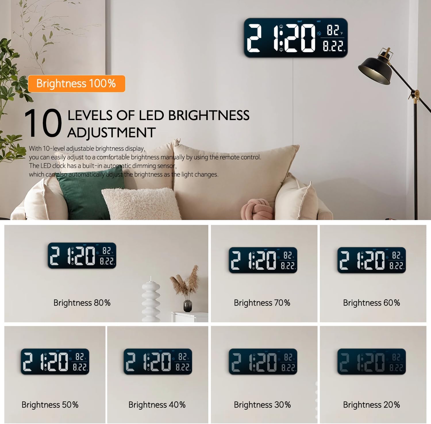 Reloj de pared digital, pantalla LED grande de 15.2 pulgadas con control remoto, 2 despertadores, DST, atenuación automática, 1224 horas,