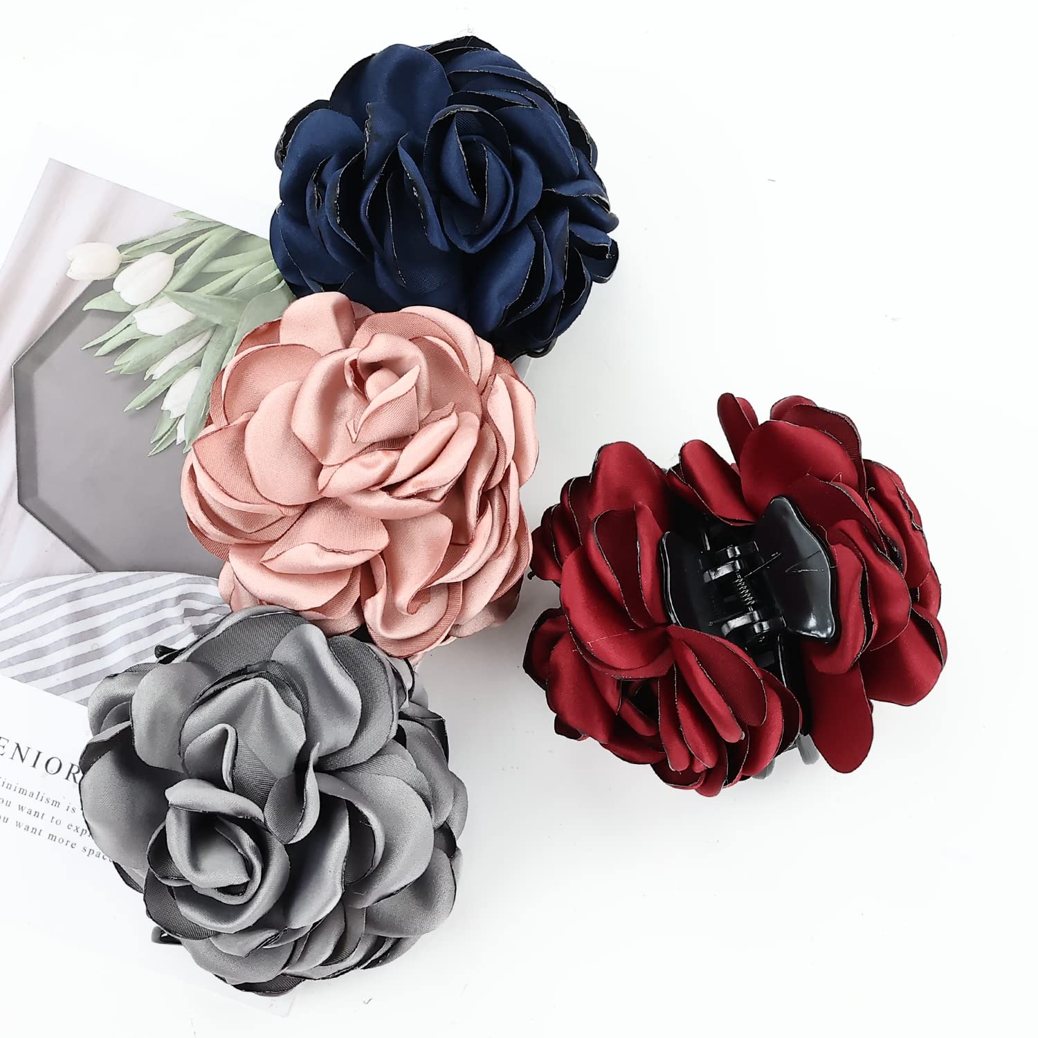 Cinaci Paquete de 4 pinzas de plástico negro para el cabello con rosas grandes y grandes, pinzas para moño, accesorios para mujeres y niñas