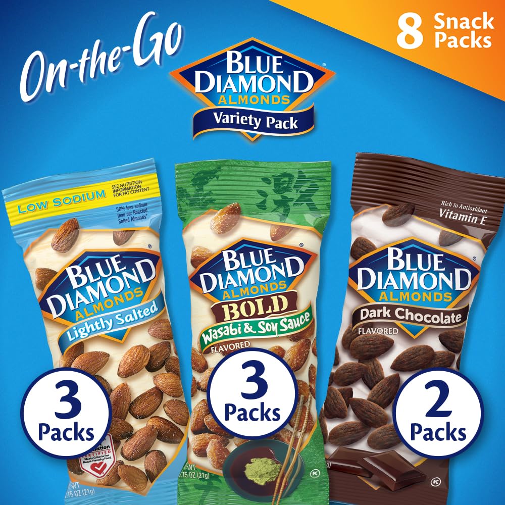 Blue Diamond Almonds Paquete variado de nueces para niños, oficina, escuela, sobre la marcha, paquetes individuales de 0.75 onzas sin gluten, wasabi