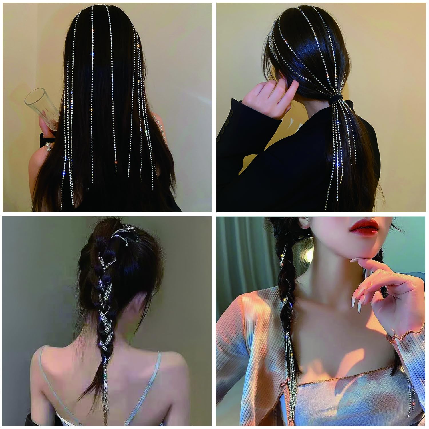 Cadenas para el cabello para mujer, extensiones de cabello con diamantes de imitación, pinzas para trenzar punk, largas con borlas, joyería para el