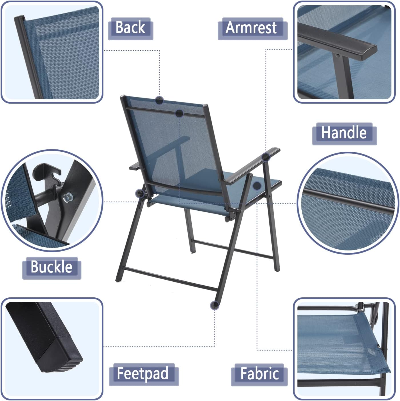 VICLLAX Juego de 5 sillas y mesa de comedor de patio, 4 sillas plegables reclinables para exteriores con reposabrazos y 1 mesa de comedor cuadrada