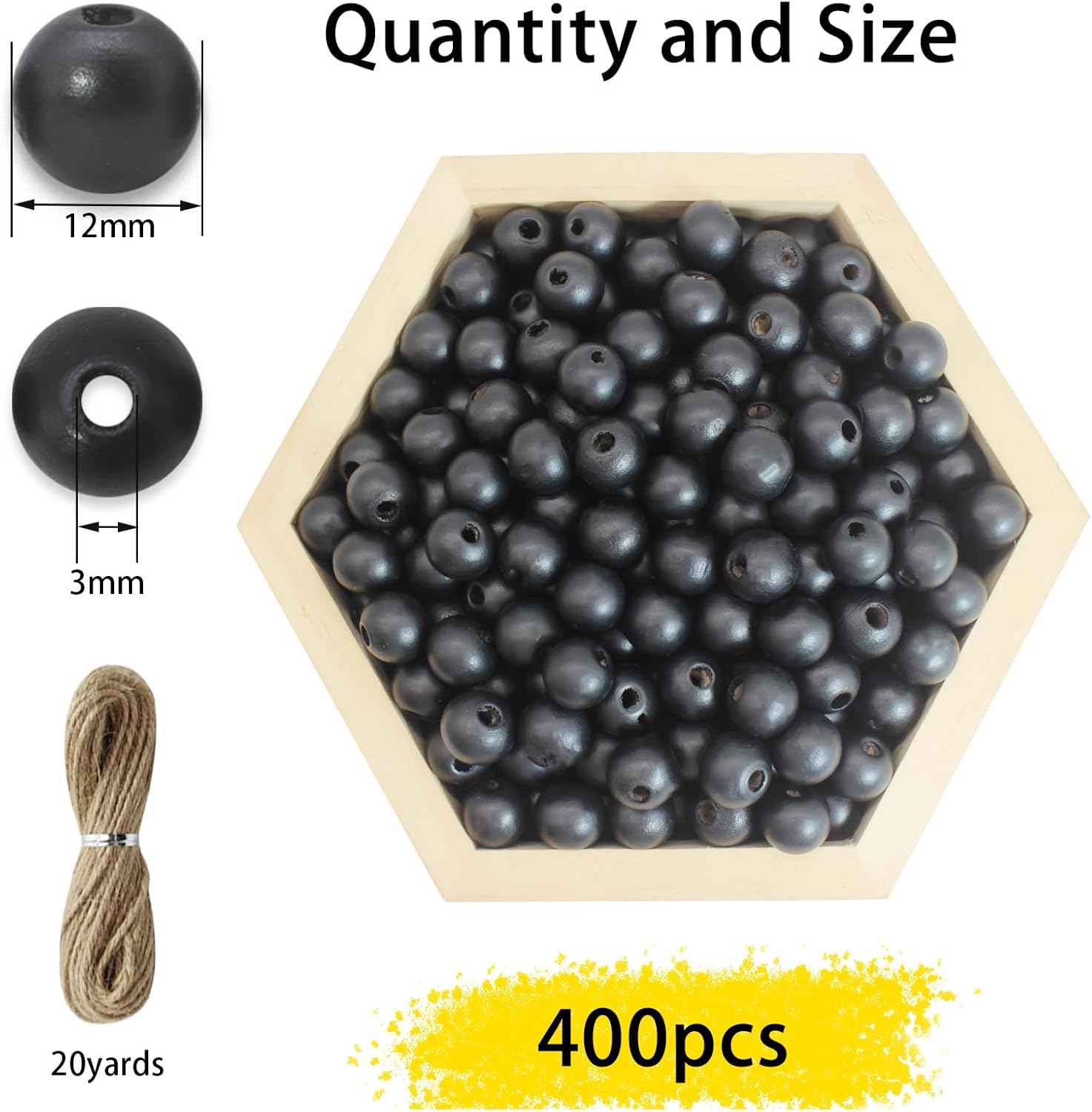 ZH158 – 400 cuentas de madera pintadas en negro de 0.472 in, pulsera espacial redonda para hacer llaveros, manualidades de bricolaje, fabricación de
