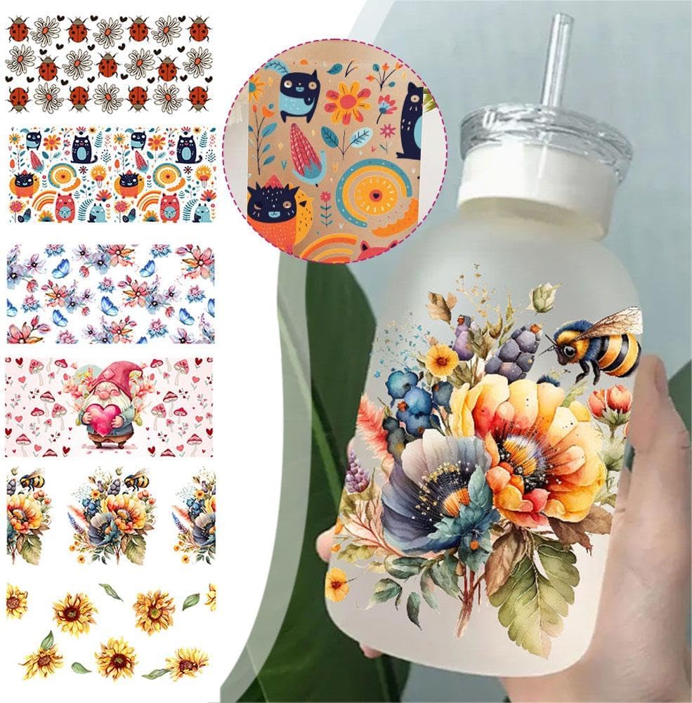 Adhesivo de transferencia UV DTF para tazas de vidrio, impresión de mariposas de plantas de dibujos animados, impresión 3D UV DTF de transferencia