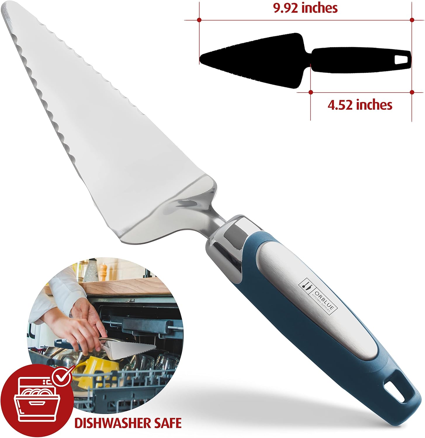 Orblue Servidor para tartas, herramienta esencial de cocina, dentada en ambos lados, ideal para chef diestro o zurdo, cubiertos de acero inoxidable,