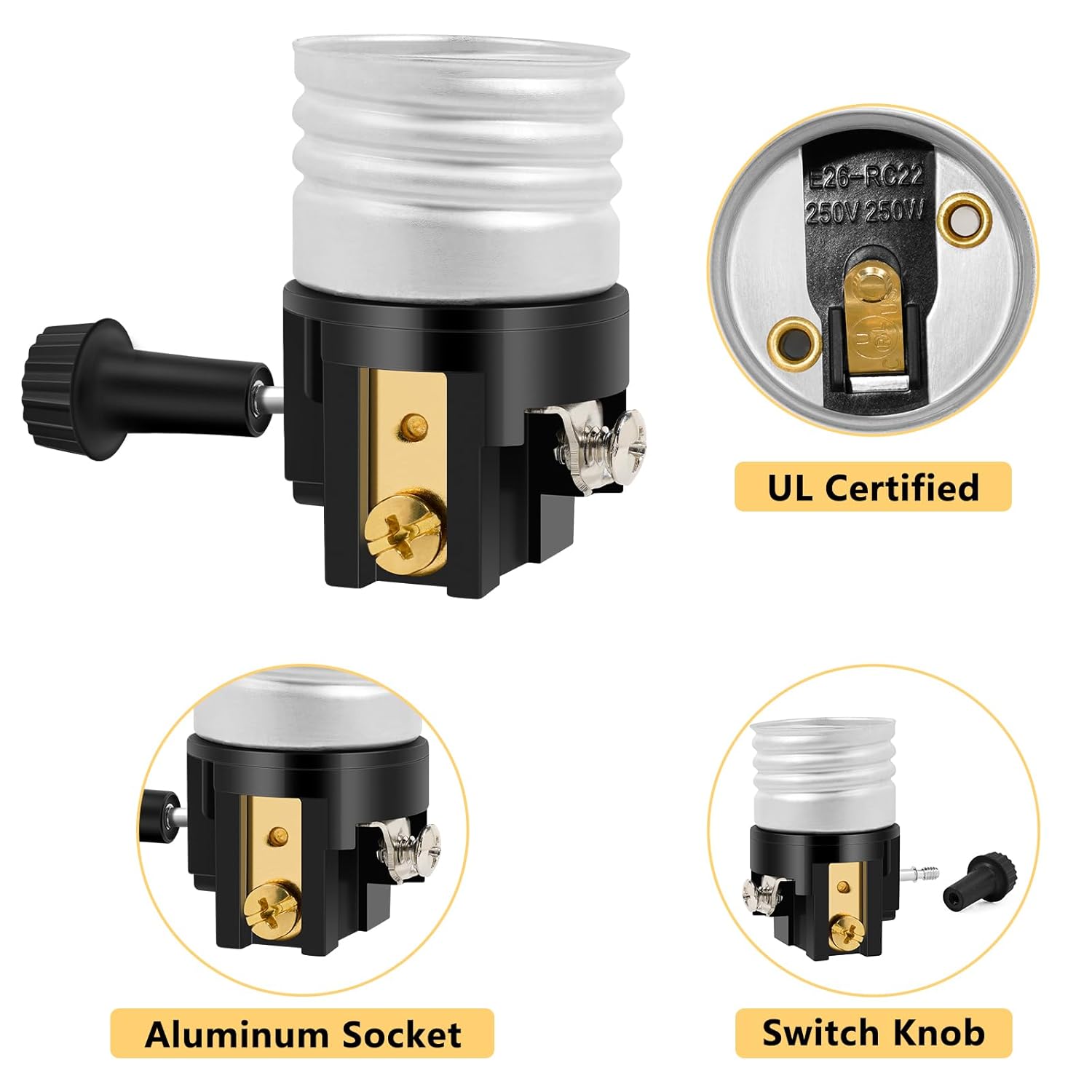 Enchufe de luz E26 con certificación UL, reemplazo de enchufe de lámpara Baocuz con perilla de interruptor de encendidoapagado, piezas de reparación