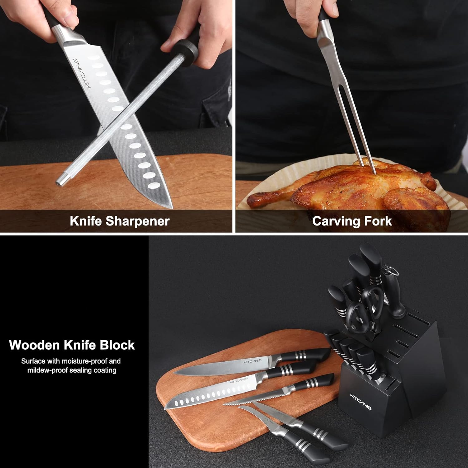 Juego de cuchillos con bloque de 17 piezas, juego de cuchillos de cocina con afilador, juego de cuchillos negros de acero inoxidable para cortar,