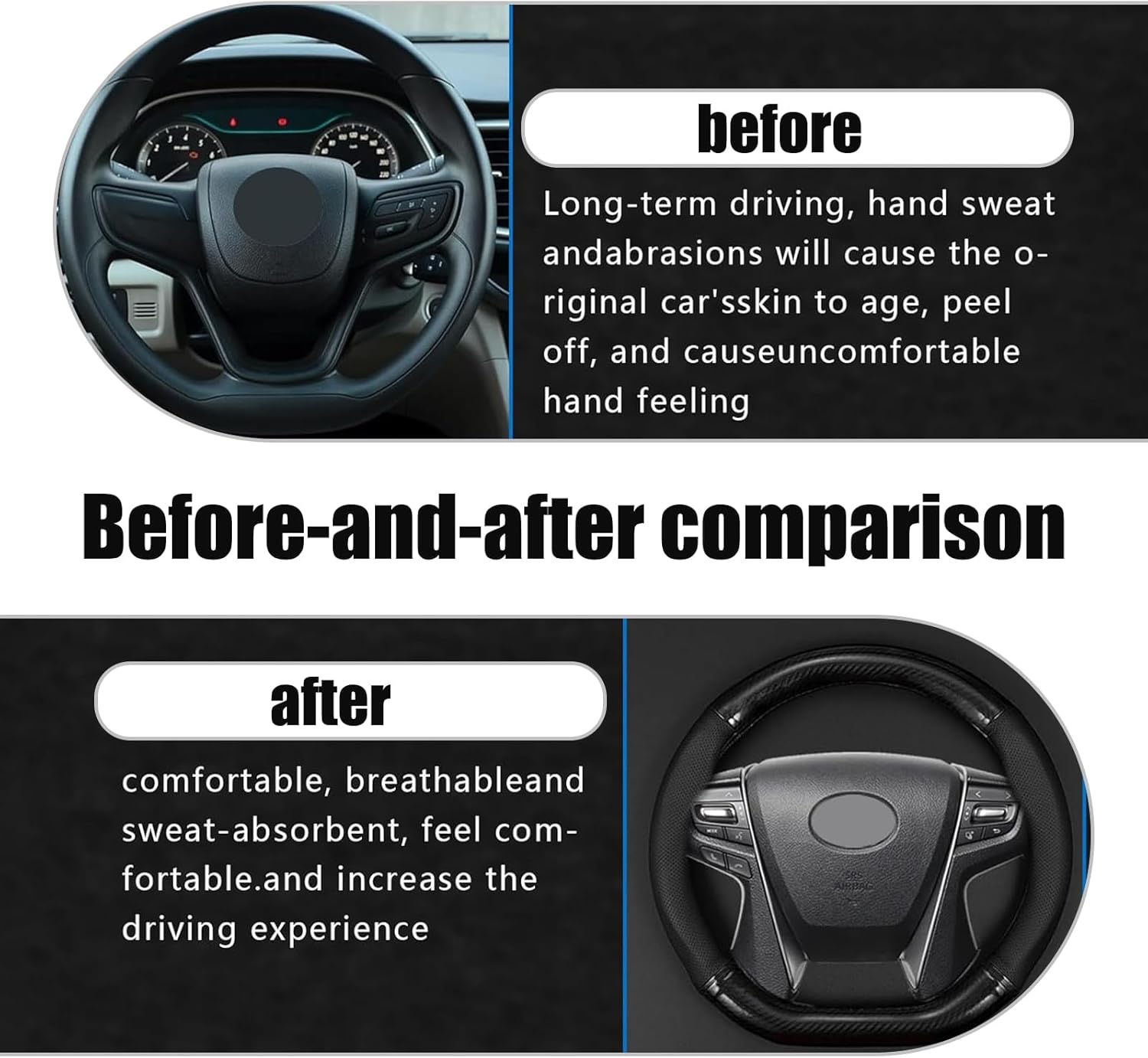 Pack-1 Car Carbon Fiber Steering Wheel Cover, 14.9″ Non-Slip Breathable Steering Wheel Cap for All Seasons, Anti-Scratch and Wear-Resistant