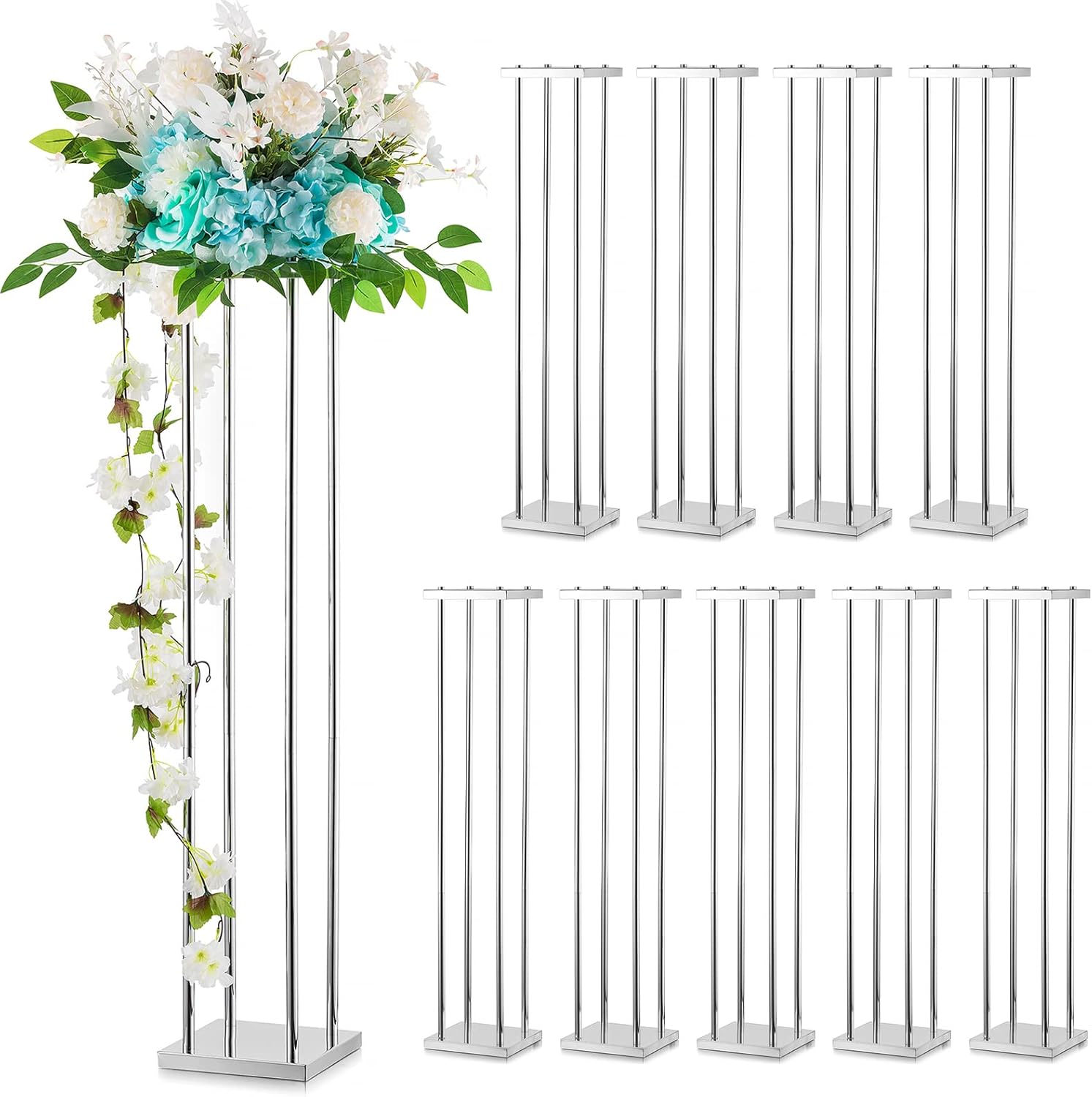 Sziqiqi Soporte de flores de metal plateado para mesa de boda, soporte de jarrón de piso de 3.3 pies para conductores de carretera, centro de mesa