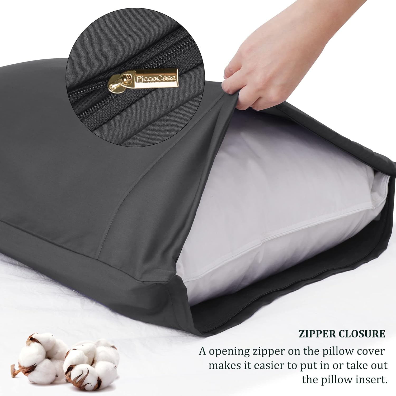 PiccoCasa Juego de 2 fundas de almohada de color gris oscuro, tamaño King, fundas de almohada súper suaves con cierre de cremallera, fundas de