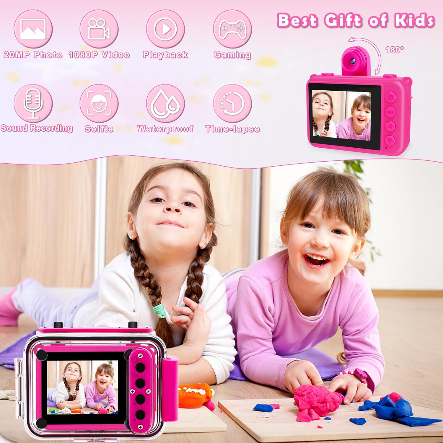 GKTZ Cámara para niños, 1080P HD digital impermeable para niños, cámara deportiva subacuática para exteriores con tarjeta SD de 32 GB, juguetes de