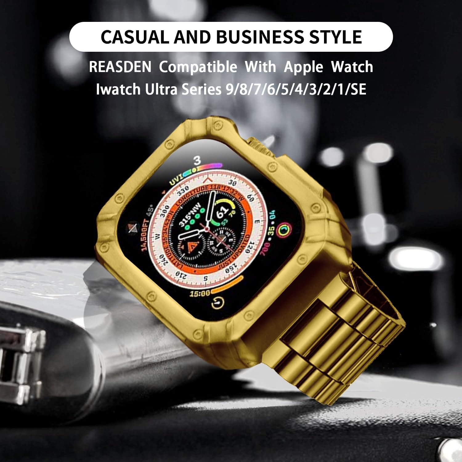 Compatible con Apple Watch Case Band Iwatch Ultra Series 987654SE, 1.731.751.75 pulgadas, correa protectora de acero inoxidable sólido, grande,