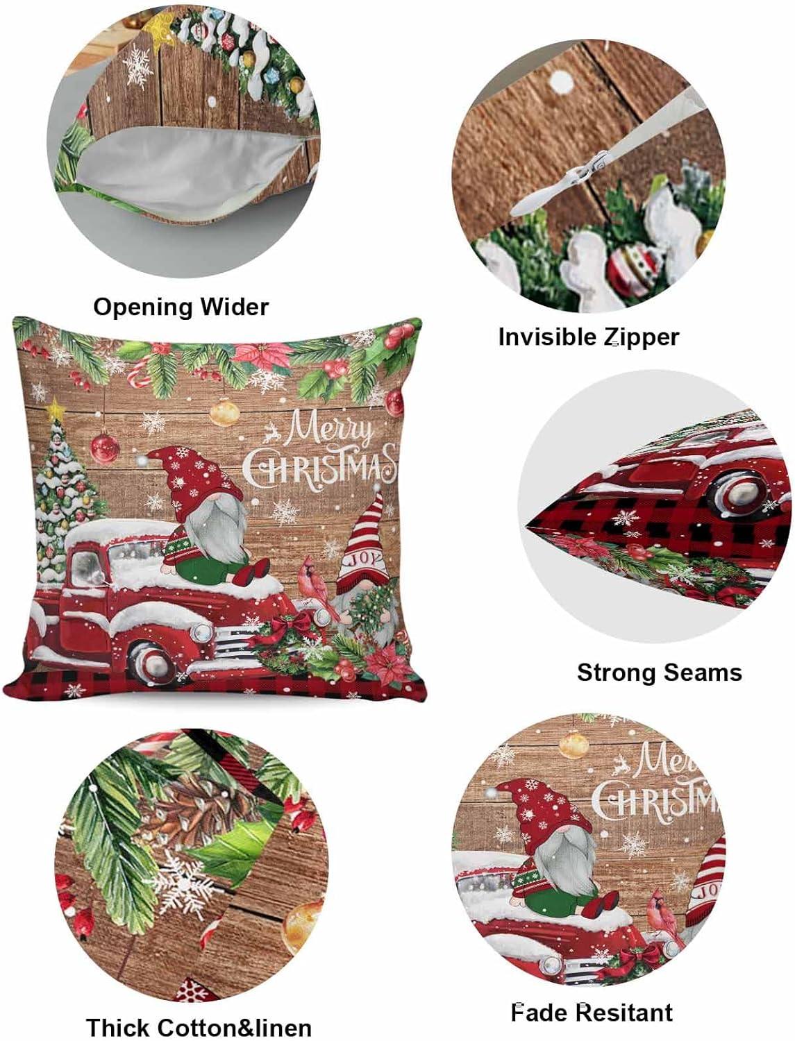 Juego de 2 fundas de almohada de 18 x 18 pulgadas, diseño de camión de gnomo de Navidad, fundas de almohada cuadradas de lino y algodón para patio,