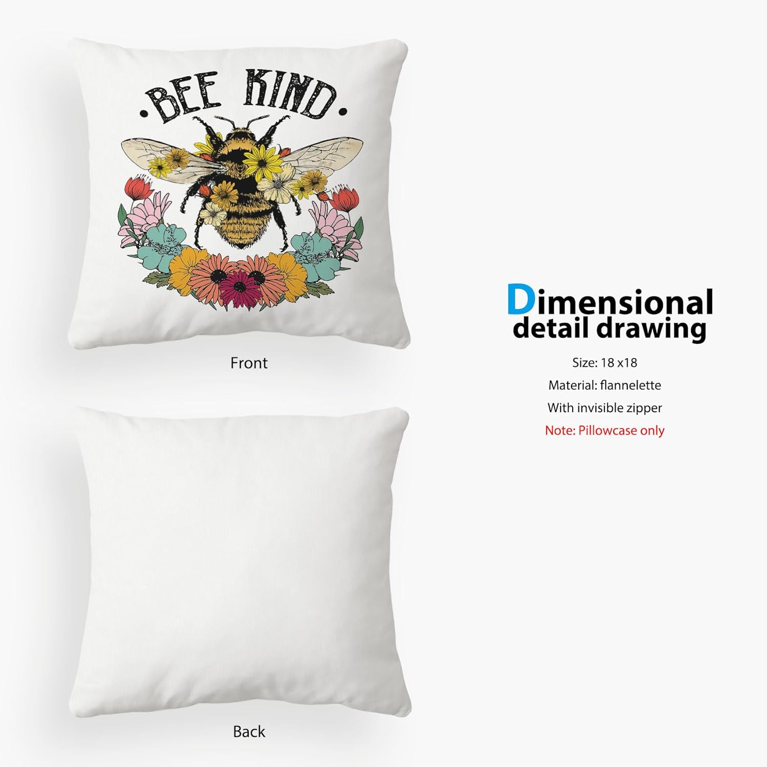 Bee Kind – Funda de almohada de flores silvestres y abeja, 18 x 18 pulgadas, para primavera, verano, decoración del hogar, sala de estar, funda de