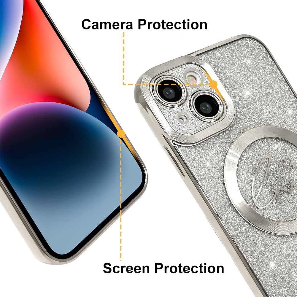 Funda magnética transparente con purpurina para iPhone 14, compatible con Magsafe, diseño de corazón de amor, chapado de lujo, protector completo de
