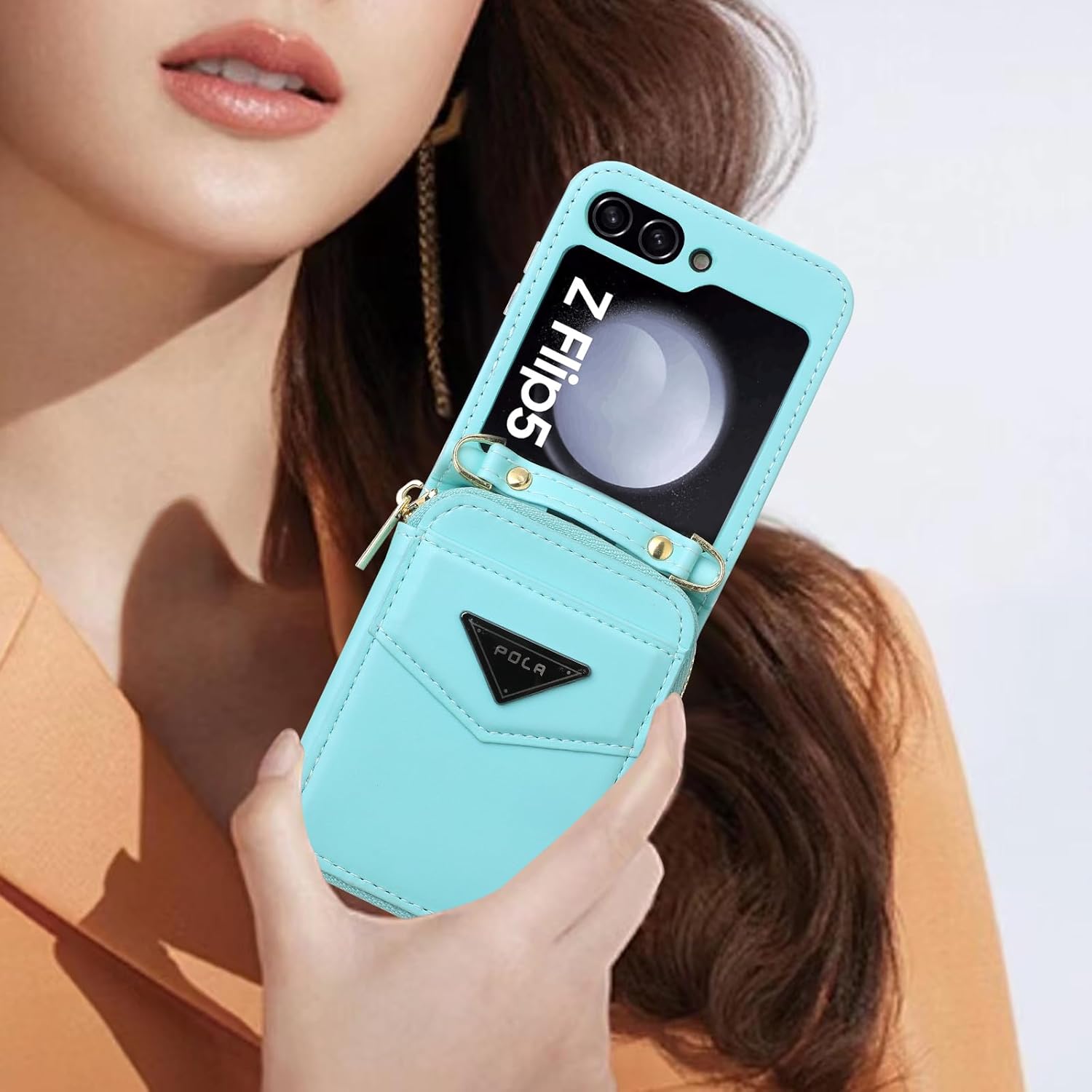 Para Samsung Galaxy Z Flip 5 Lujosa funda de cuero con cremallera ofrece 6 ranuras para tarjetas, con correa para la muñeca y correa de hombro