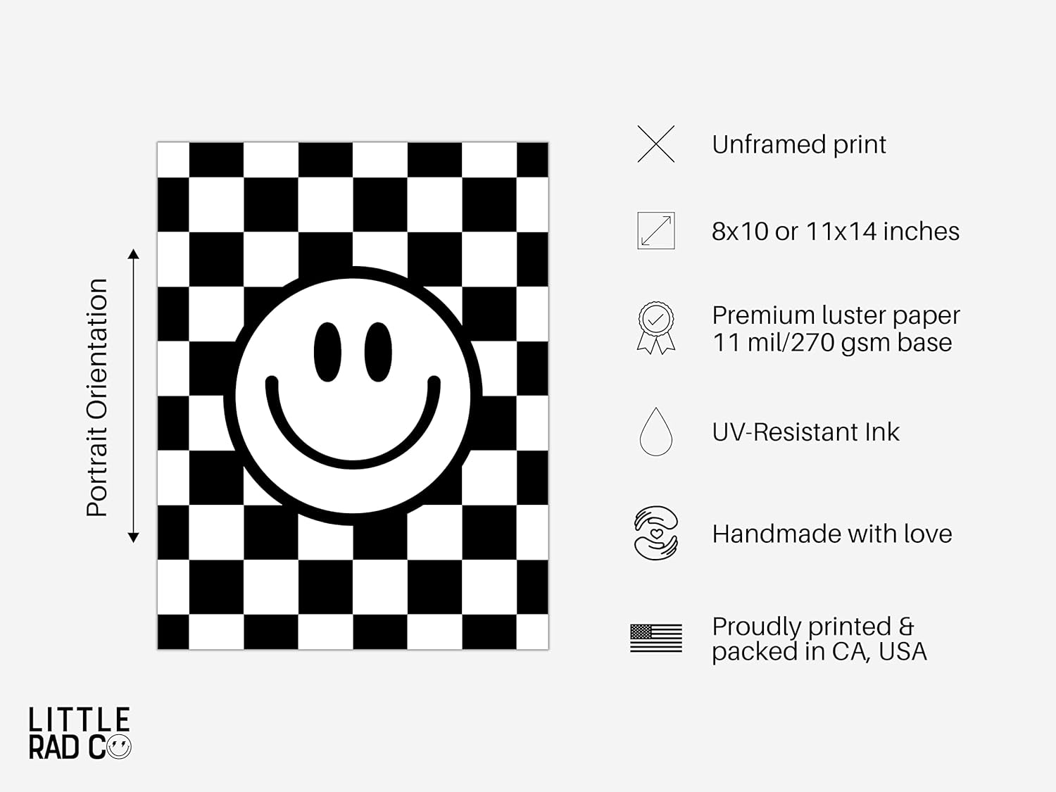Black and White Checkered Smiley Face Poster for Kids Room Rad Little Dude Wall Decor for Boys Room UNFRAMED (Black, 11×14)