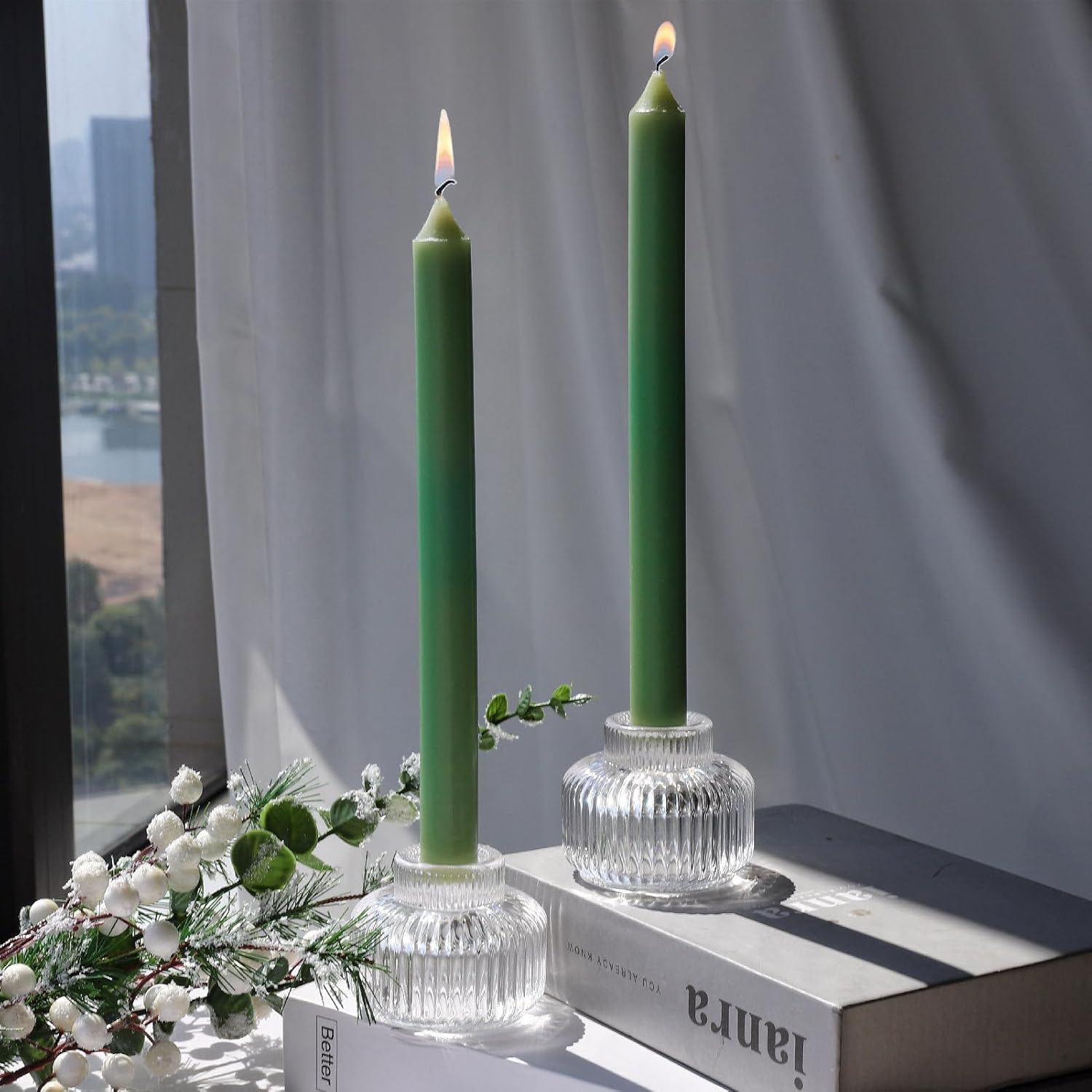 Woho Juego de 4 portavelas transparentes para mesa de boda, candelabros votivos de vidrio acanalado para fiesta de Navidad, decoración del hogar