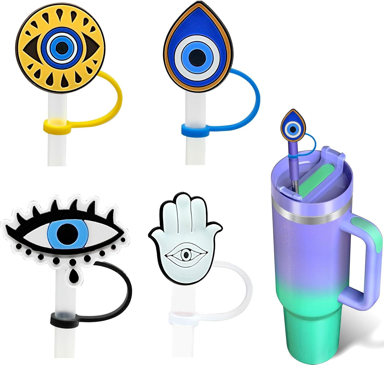 Tapa grande de paja para niños de 0.394 in de ojo malvado para Stanley Cup 40 oz 30 oz de silicona de dibujos animados de paja tapas de paja tapas