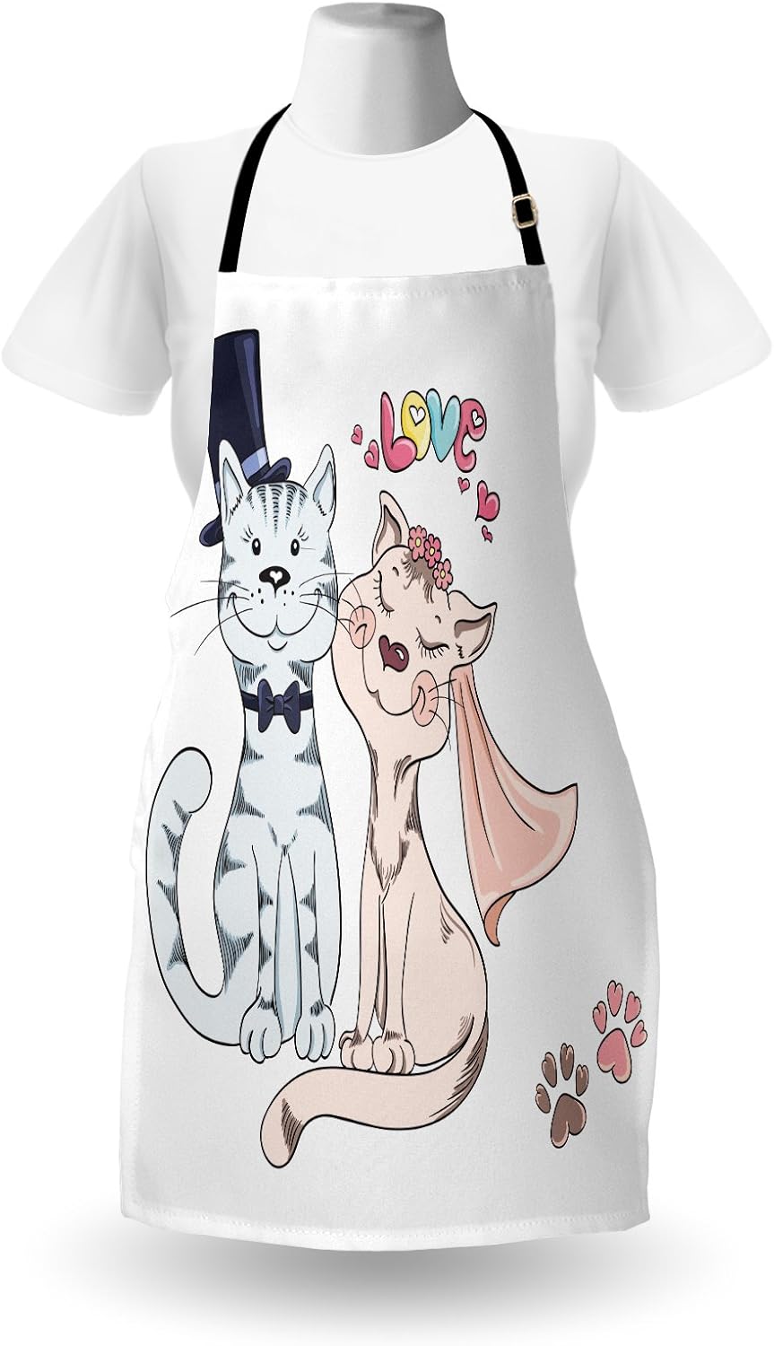 Lunarable Delantal de animales, novio, novia, gato, boda, felino, boda, matrimonio, romance, feliz ceremonia, babero de cocina unisex con cuello