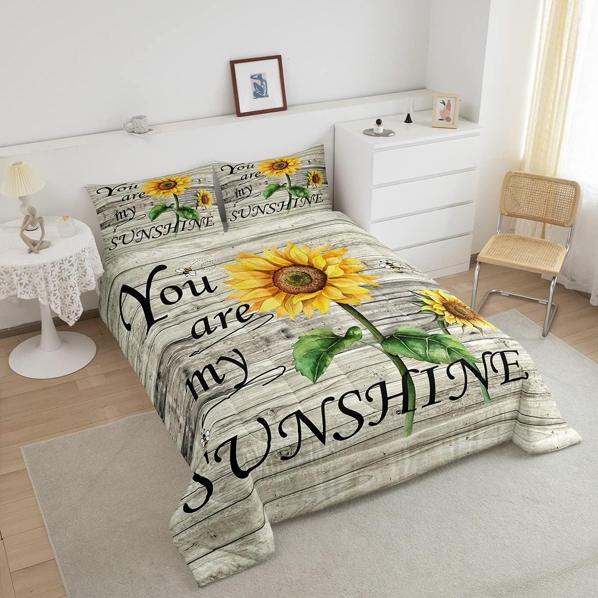 Erosebridal Juego de ropa de cama con estampado de girasol, letras retro y flores amarillas, decoración de dormitorio, edredón de plumón de abeja