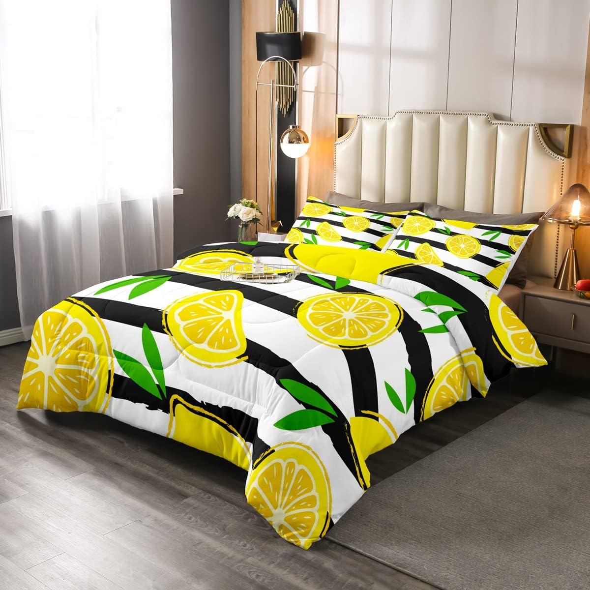 Erosebridal Juego de edredón de limón, juego de ropa de cama de frutas de verano para niños y niñas, edredón geométrico a rayas negras y blancas,