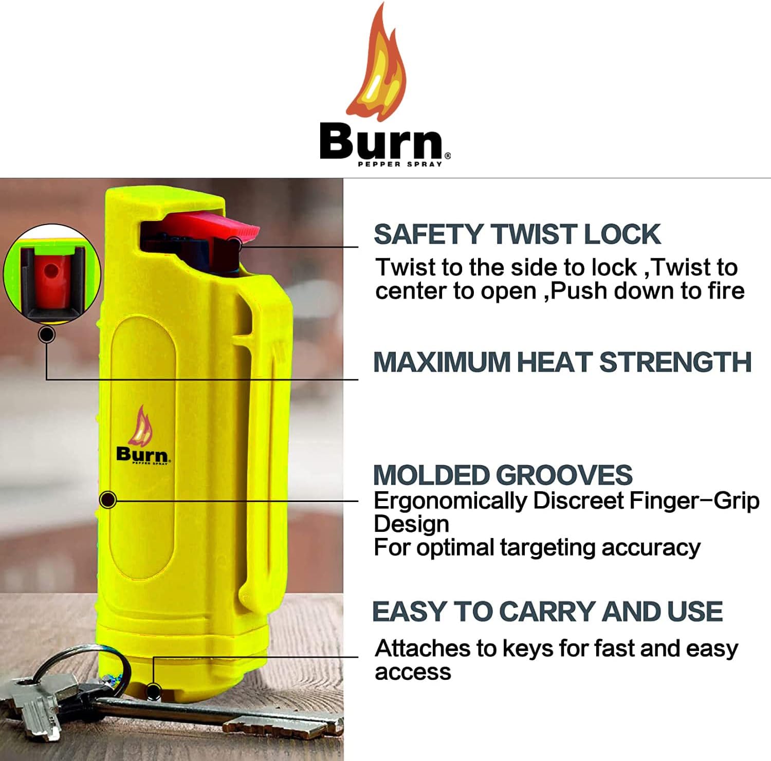 Burn Llavero de spray de pimienta para mujeres y hombres de autodefensa, fuerza máxima de 12 oz, estuche de clip para cinturón de seguridad moldeado