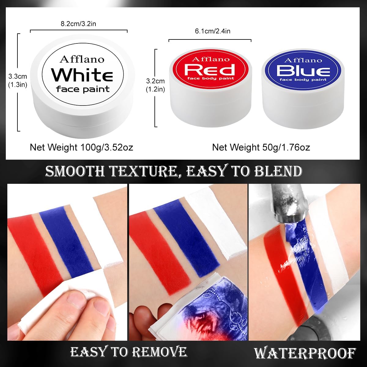DE’LANCI Pintura facial roja, blanca y azul, pintura facial y corporal de EE. UU., maquillaje de payaso, pintura al óleo de crema de copo de nieve