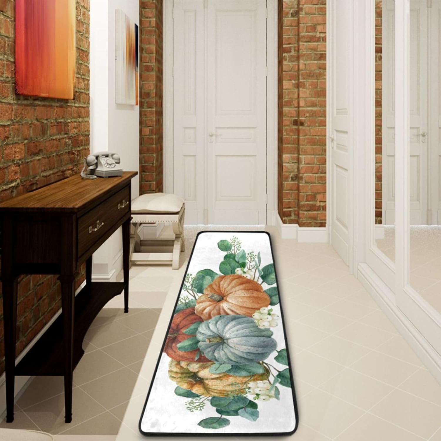 Alfombra antideslizante con hojas de calabaza, bayas, escena de cosecha de acuarela, lavable, alfombra de pasillo para lavandería, alfombra suave
