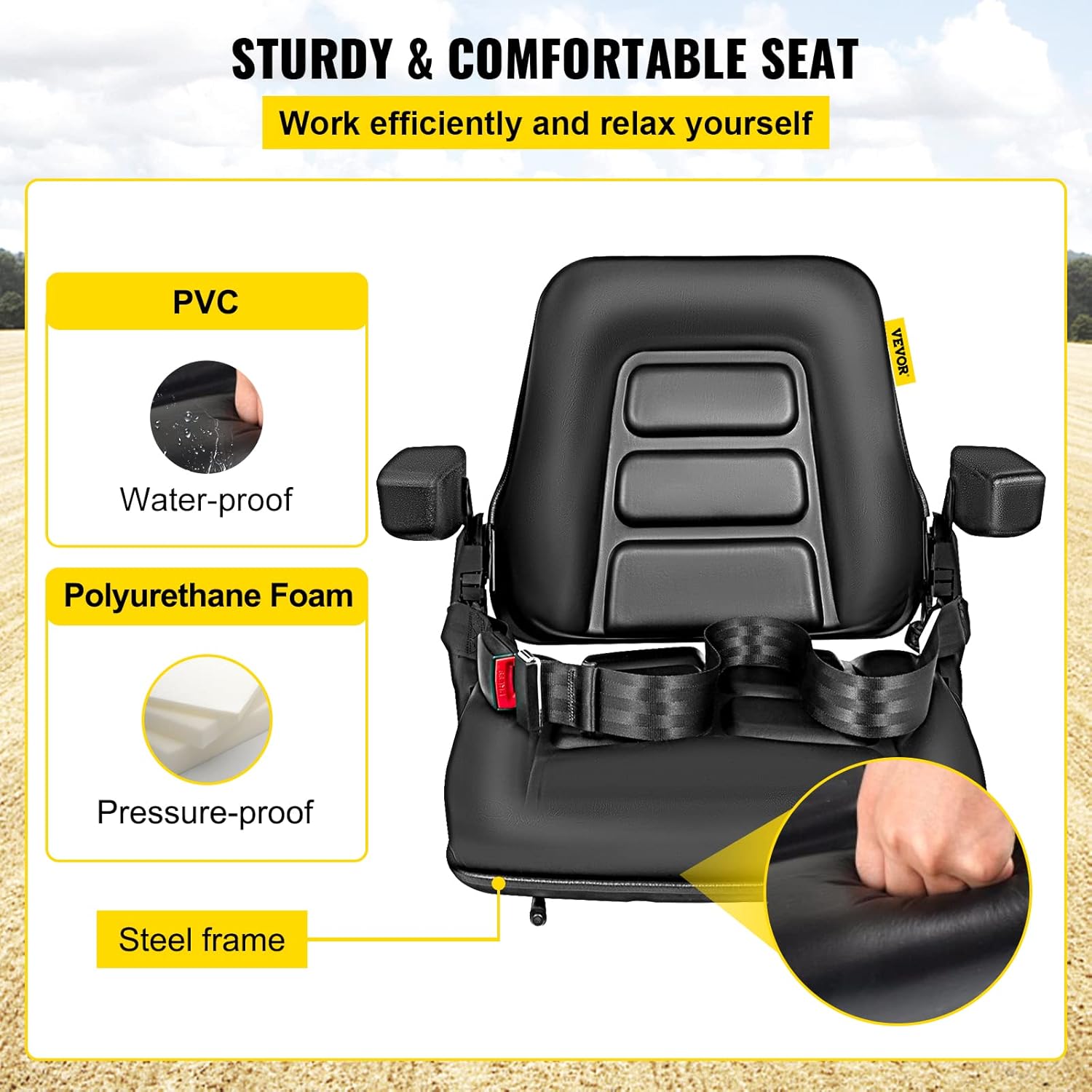Bestauto Asiento de carretilla elevadora plegable universal con cinturón de seguridad retráctil, reposabrazos, asiento ajustable para excavadora,
