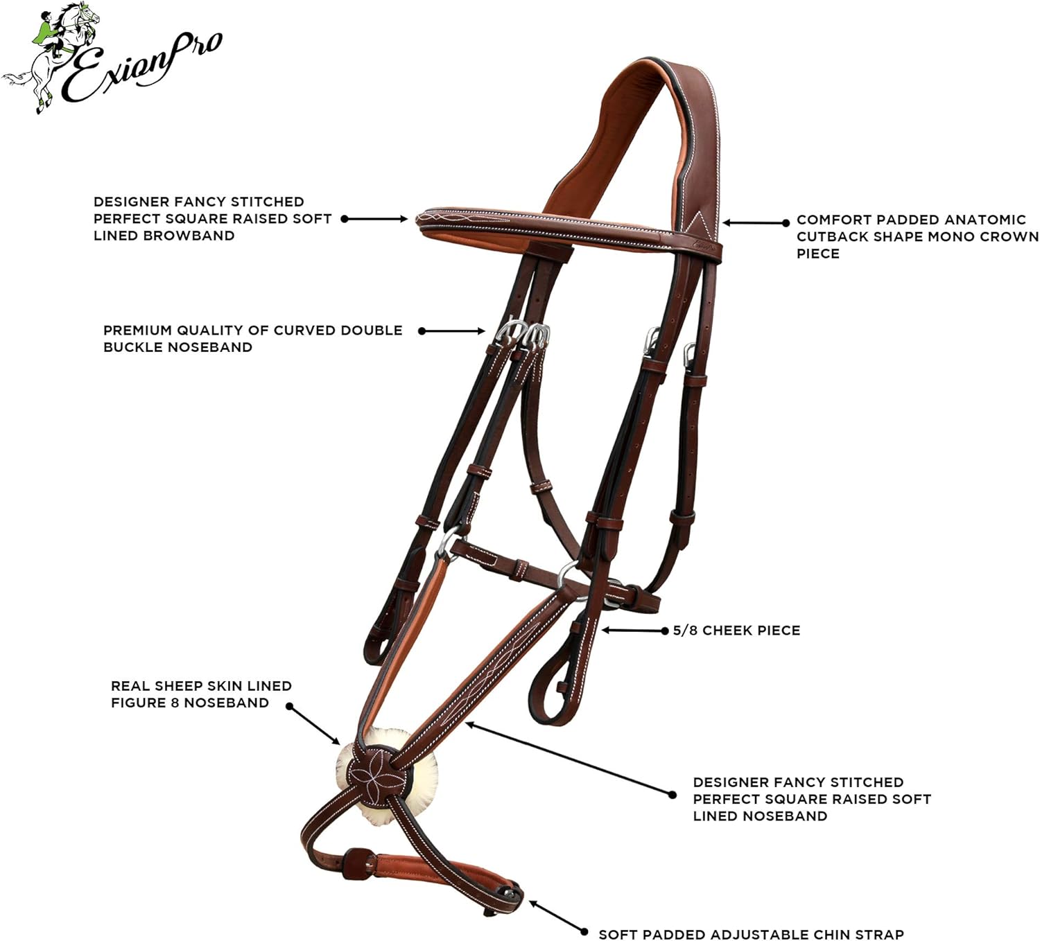 Exion Jumping Horse Bridle – Figura 8 cosida de diseñador con varillas de goma y hebillas SS