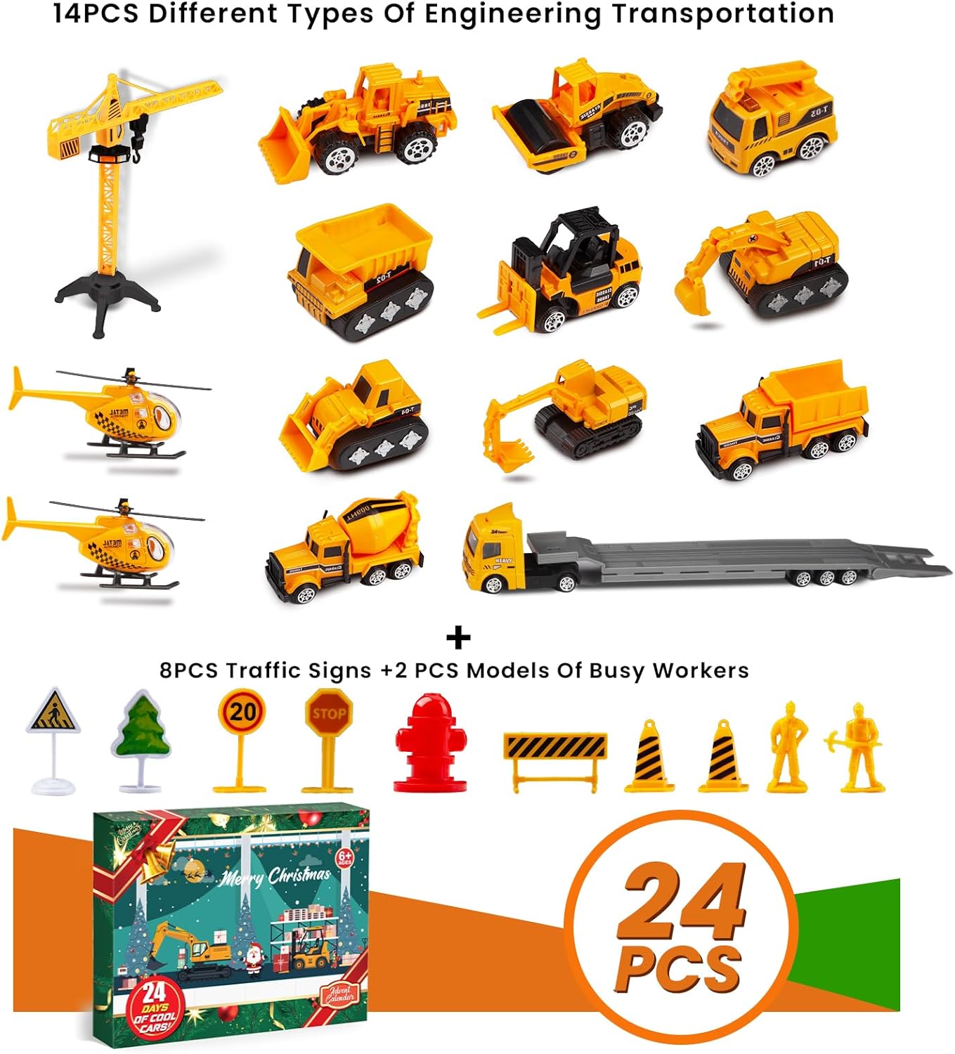 Calendario de Adviento de Navidad 2023, calendario de cuenta regresiva de Navidad para niños, juego de 24 piezas de vehículos de ingeniería de