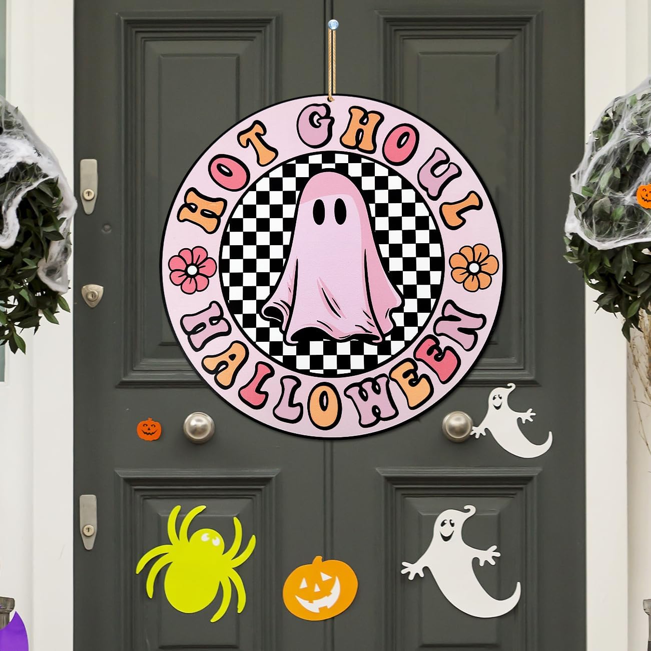 Letrero colgante de puerta de Halloween, diseño de fantasma de Halloween, diseño retro de fantasma, para decoración del hogar, fiesta, al aire libre