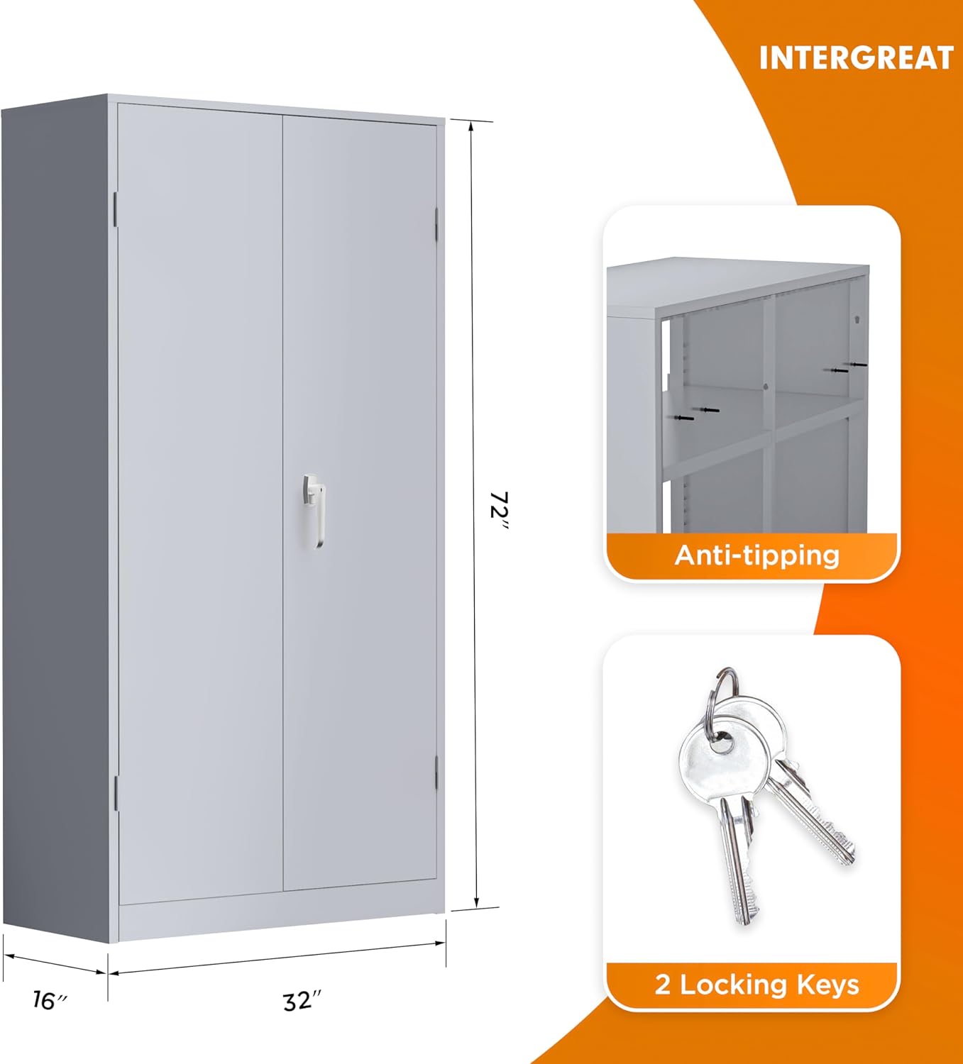 INTERGREAT Armario de almacenamiento de garaje con cerradura, gabinete de almacenamiento de metal de 72 pulgadas con puertas de bloqueo y 4 estantes