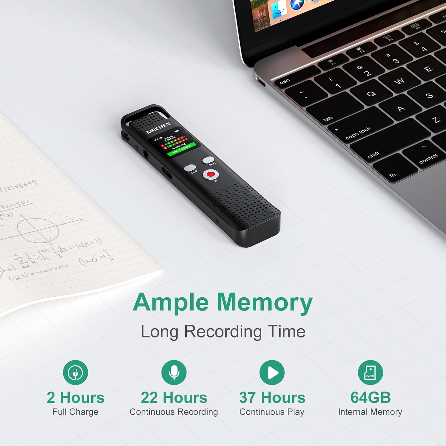 MECHEN – Grabadora de voz digital de 64 GB activada por voz para conferencias y reuniones, pequeño dictáfono recargable de 1536 Kbps con