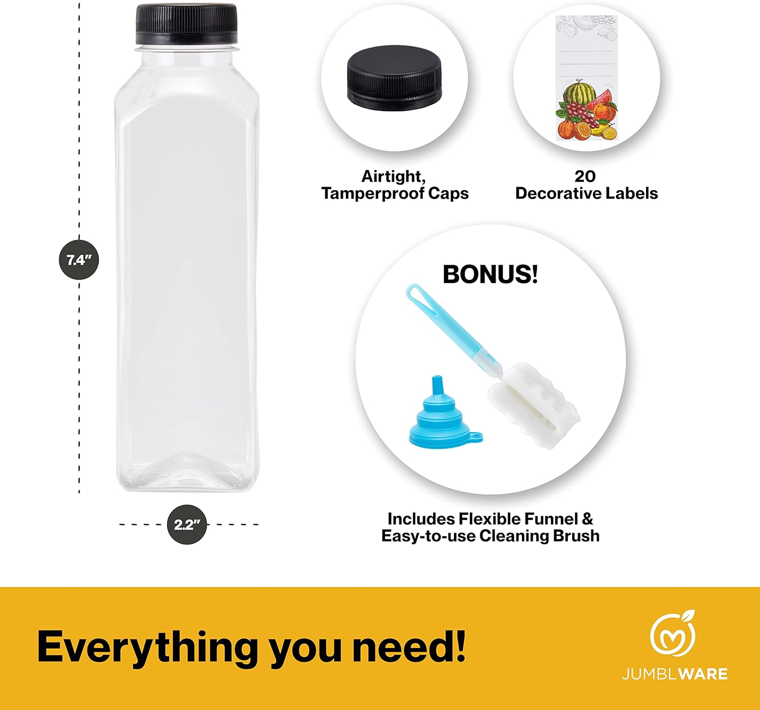 JumblWare Juego de 40 botellas reutilizables de jugo de plástico transparente de 16 onzas con embudo, cepillo de limpieza y etiquetas para el