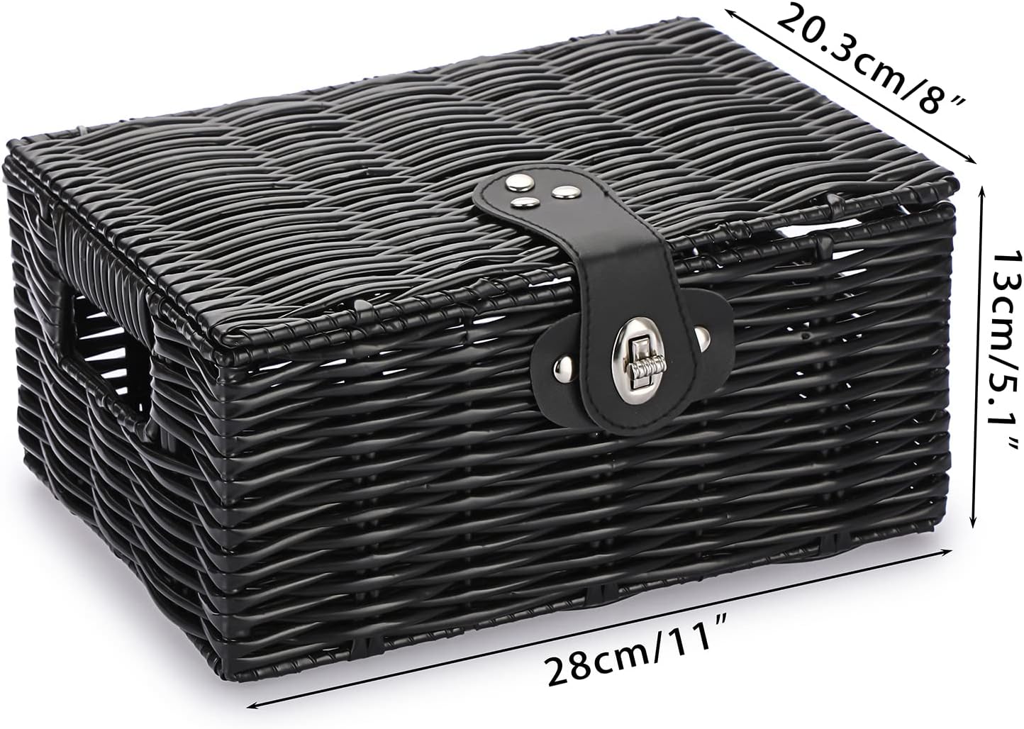 Hipiwe Cajas de almacenamiento decorativas con tapas y cerradura, cesta tejida negra, asas de transporte integradas, cesta de plástico con tapa,