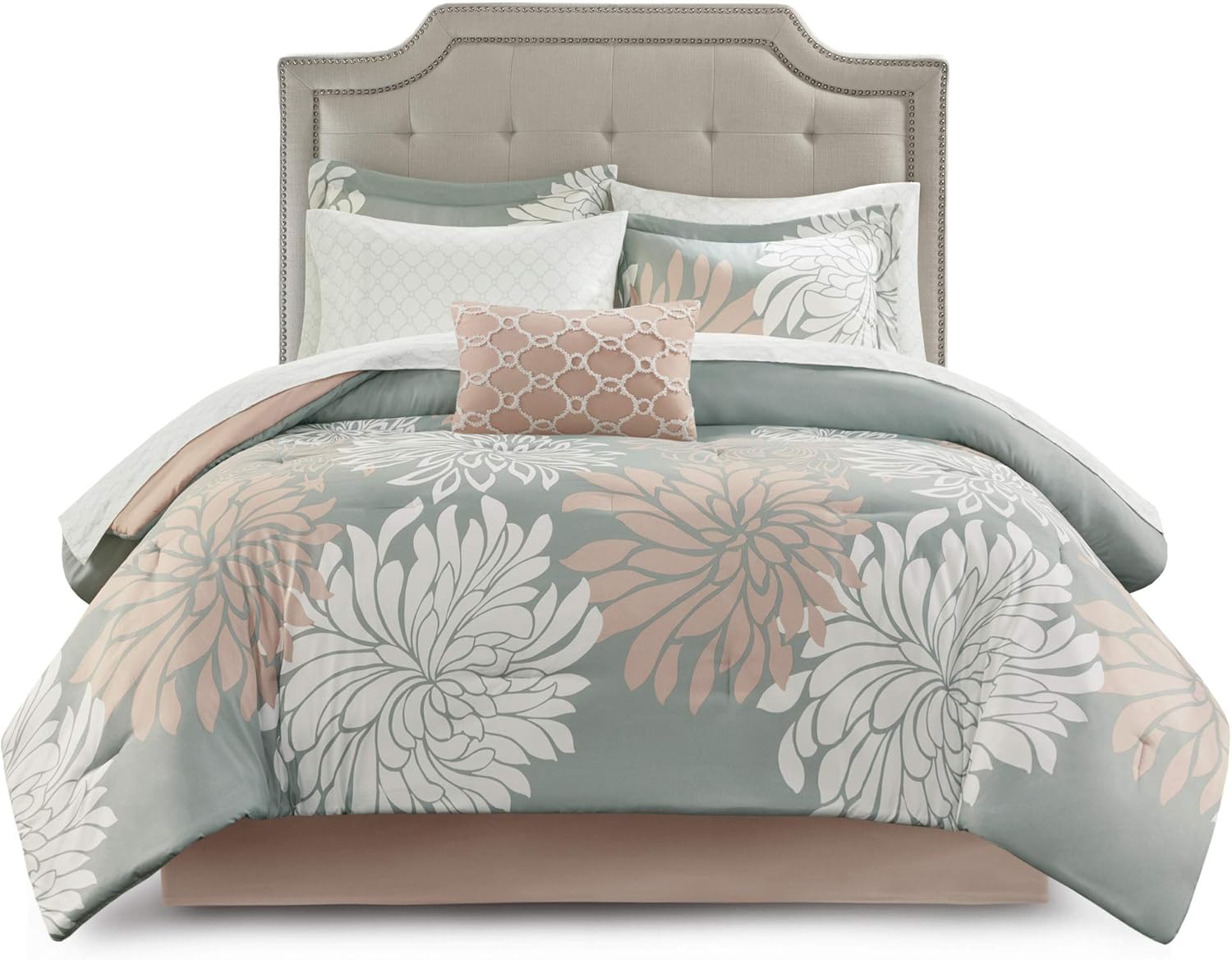 MPE10-860 – Juego de cama para todas las estaciones, con almohada decorativa a juego, tamaño matrimonial (78 x 86pulgadas), color rosado y gris