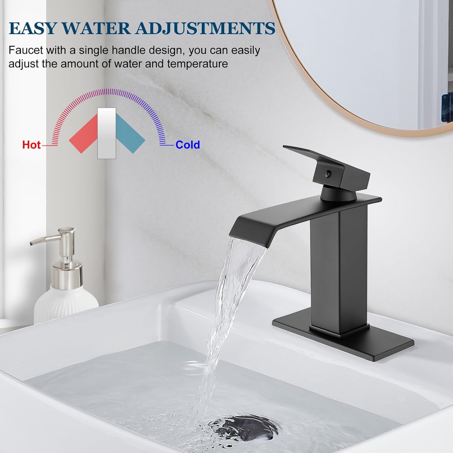 Grifo de lavabo de baño negro mate de una sola manija para lavabo de tocador de granja de 1 agujero, grifo de baño de montaje en cubierta con